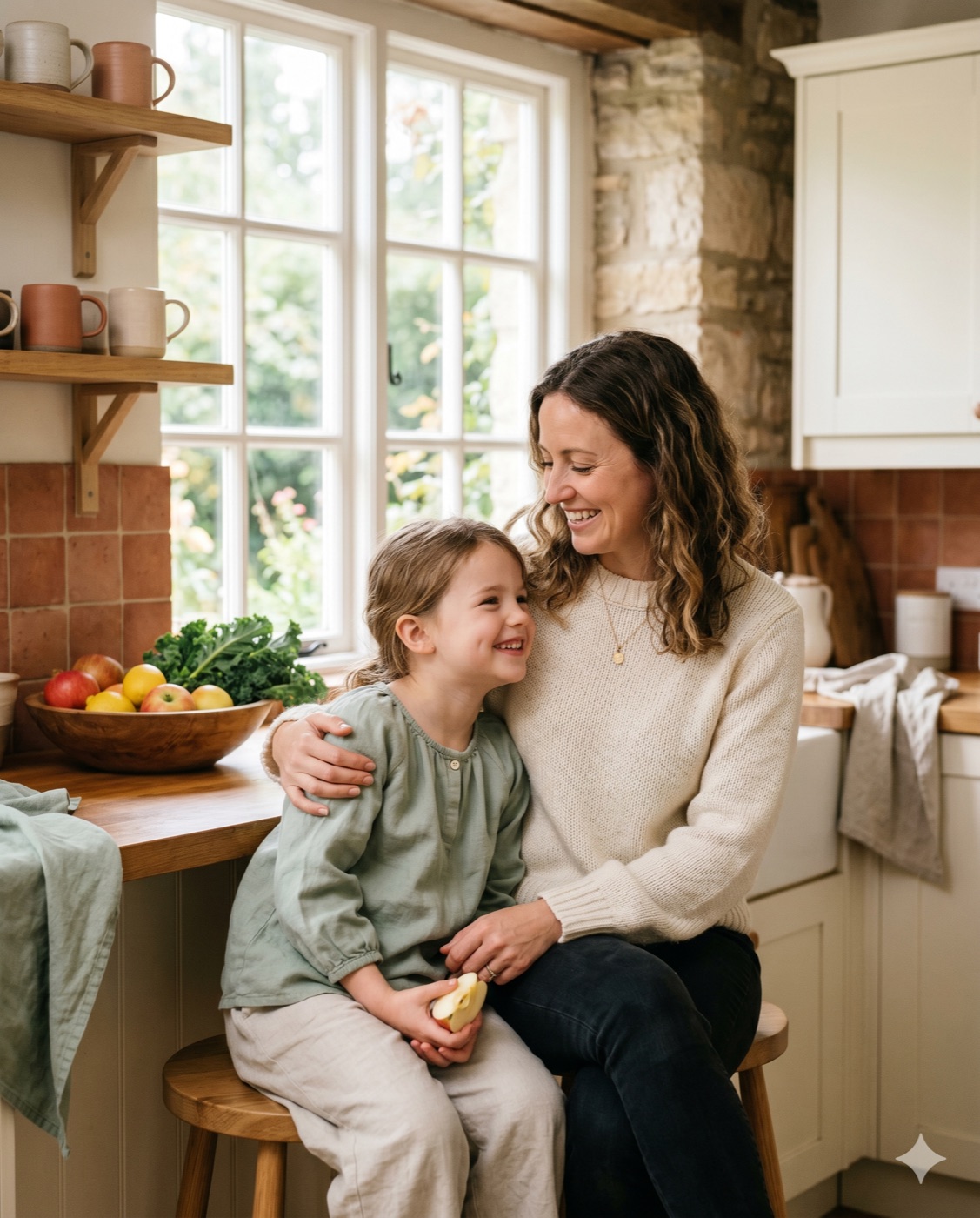 A mom and her daughter laughing together in a bright, sunlit kitchen