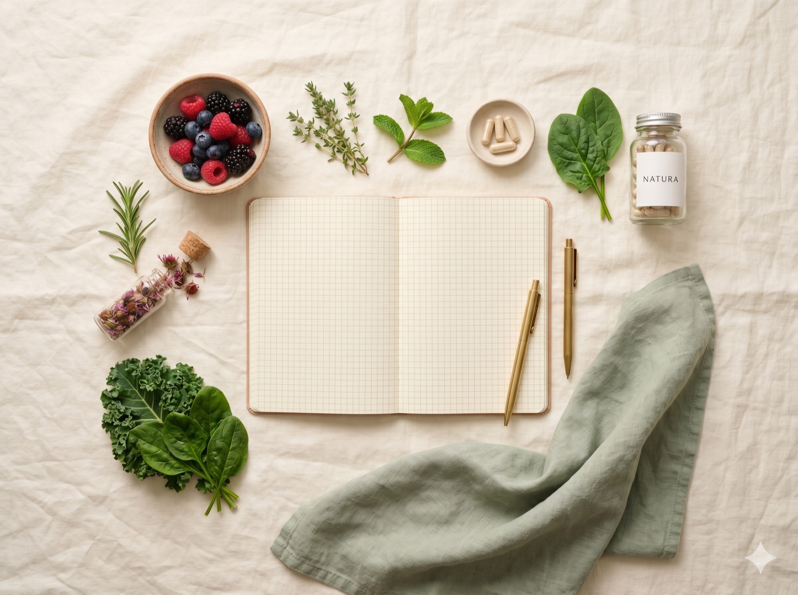 A calm flat-lay of whole foods, herbs and an open notebook, the picture of clarity
